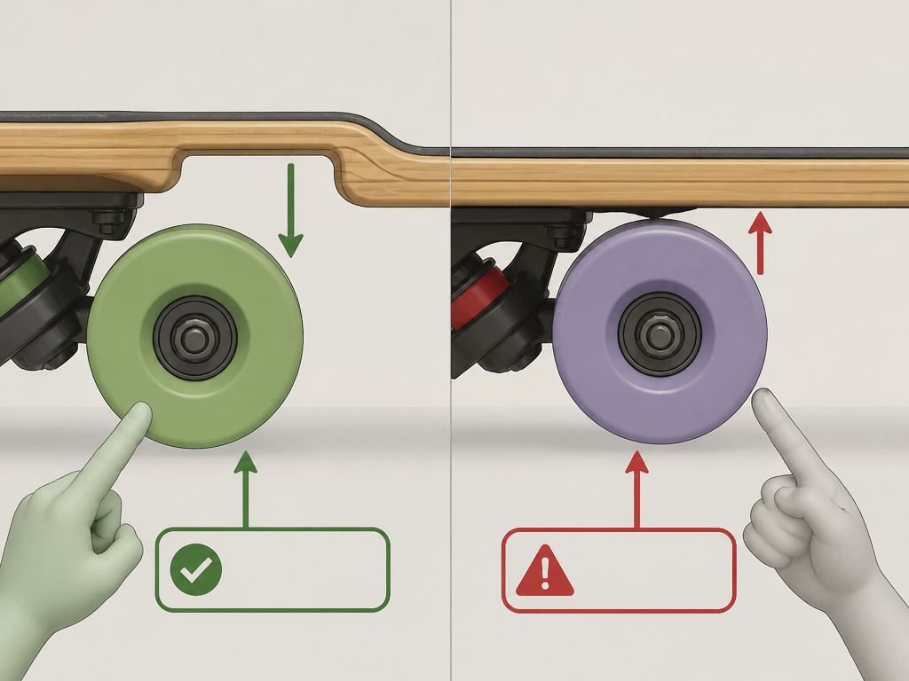 Diagram comparing longboard deck cutouts versus pintail for wheel clearance.