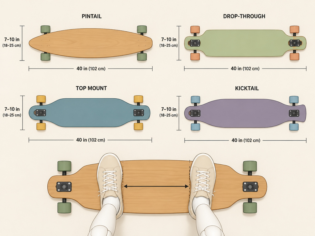 Guide to longboard deck shapes, sizes, and proper foot placement for beginners.