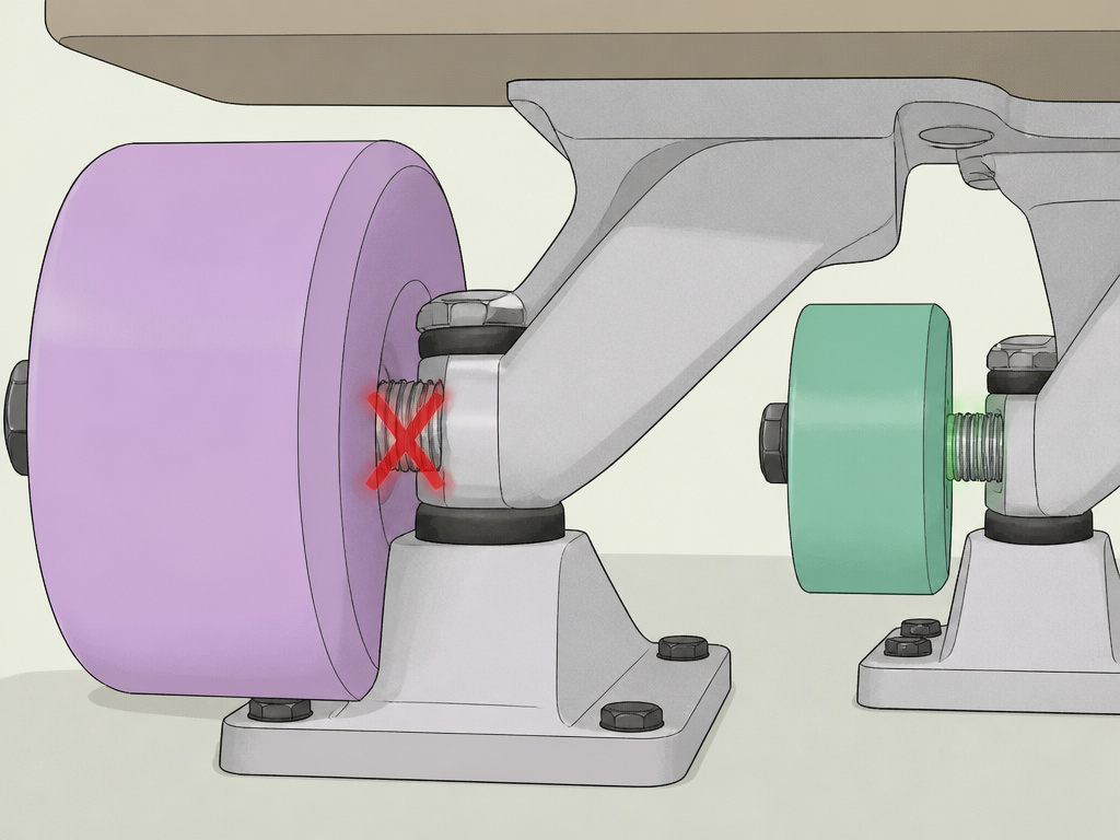 Skateboard wheel rubbing on roller skate kingpin, causing clearance issue.