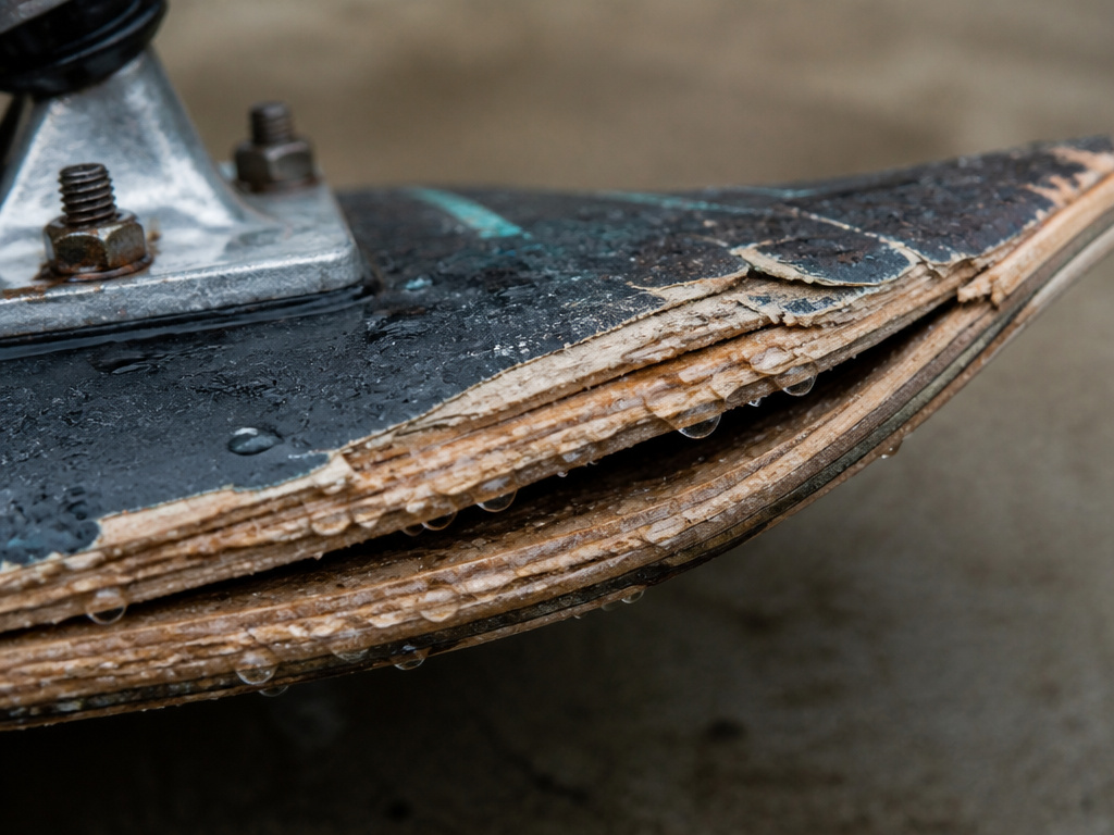 Close-up of delaminated skateboard deck layers from water damage.