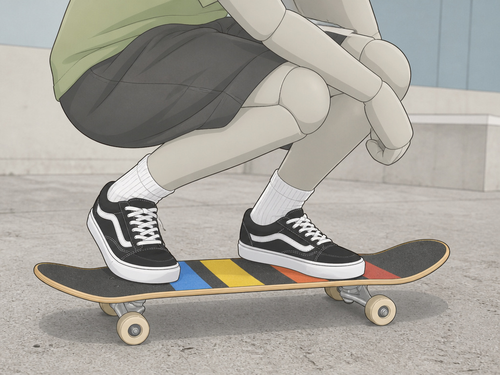 Person practicing a stationary squat stance on a skateboard deck.