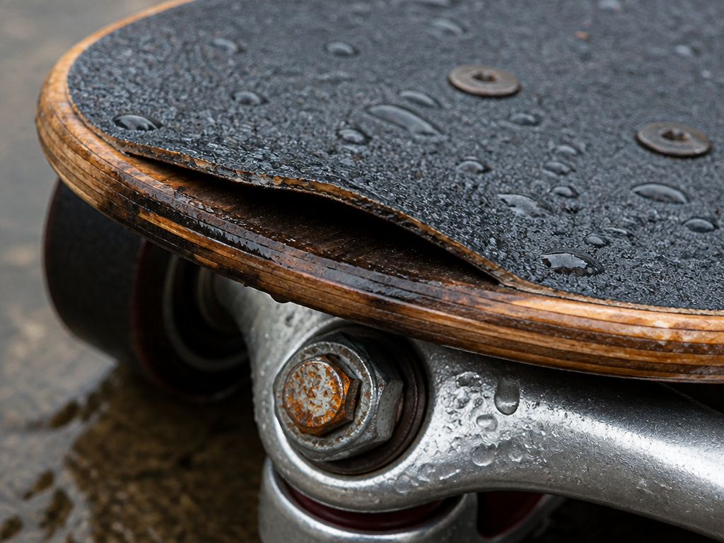 Close-up of peeling grip tape and rusty hardware on a wet skateboard.