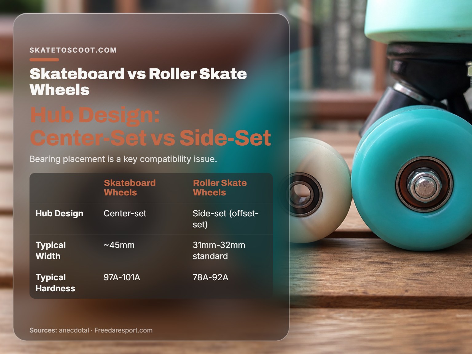 Comparison of a center-set skateboard wheel and a side-set roller skate wheel.