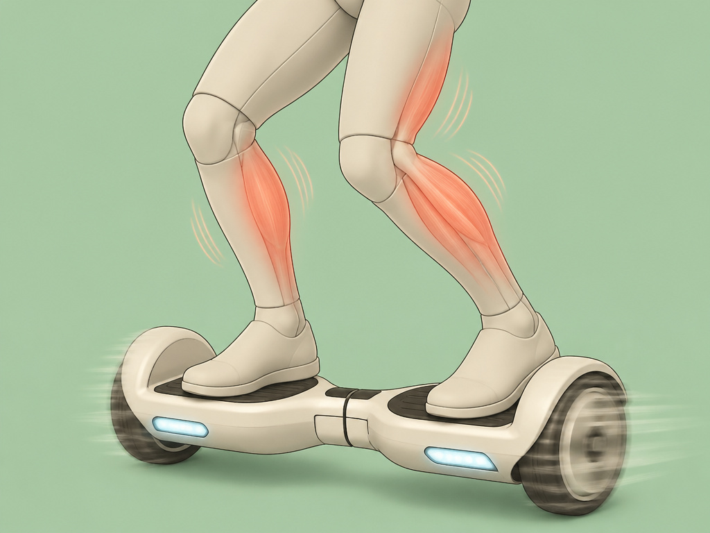Cartoon of leg muscles engaged while riding a moving hoverboard