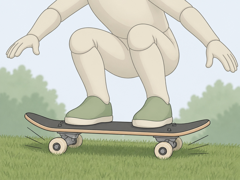 Person jumping onto a stationary skateboard on grass, feet aligned with bolts.