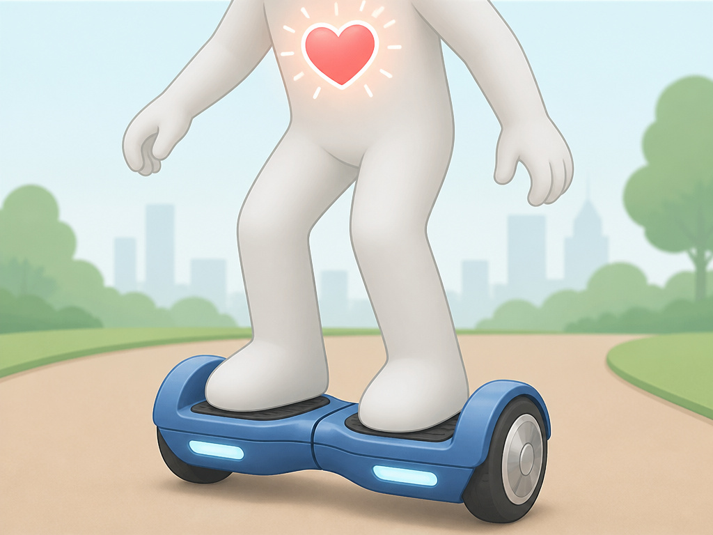 Hoverboard rider with a glowing heart icon showing light cardiovascular exercise.
