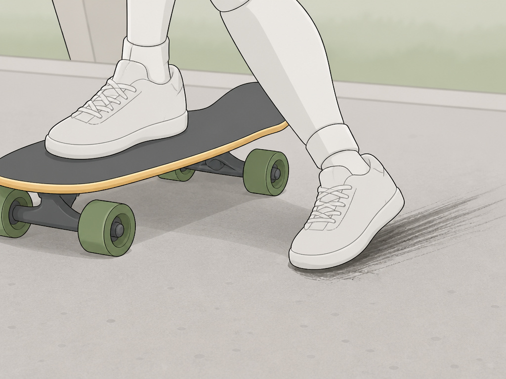 Cartoon diagram of proper foot braking technique on a longboard.
