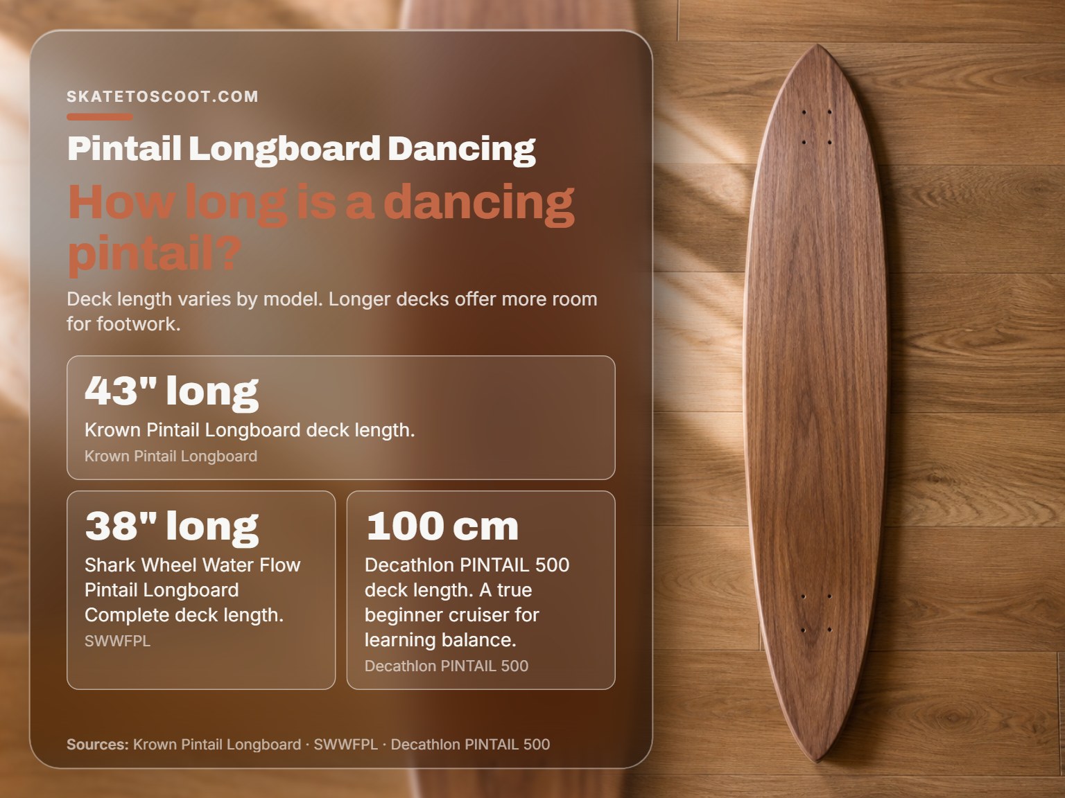 A pintail longboard deck isolated on a plain background, showing its shape and length.