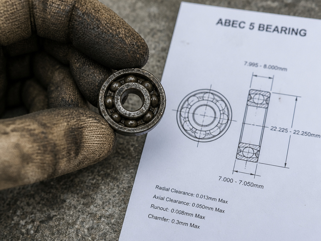 ABEC-rated bearing diagram contrasted with a dirty, used skateboard bearing.