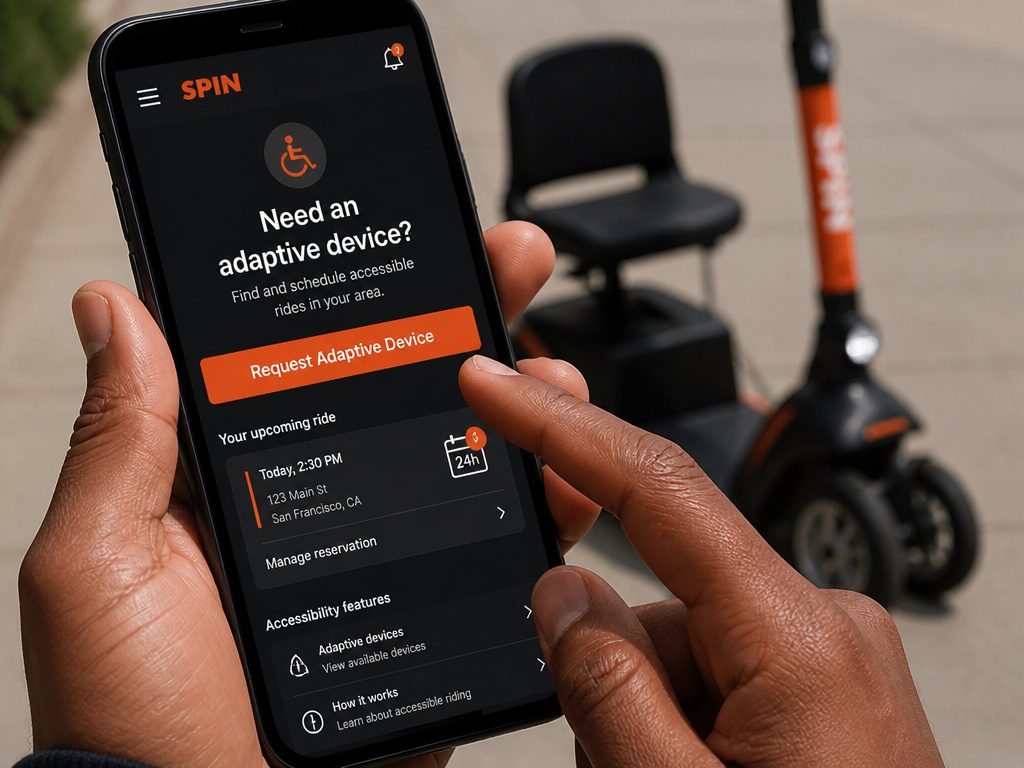 Scheduling a free Spin adaptive scooter through a smartphone app interface.