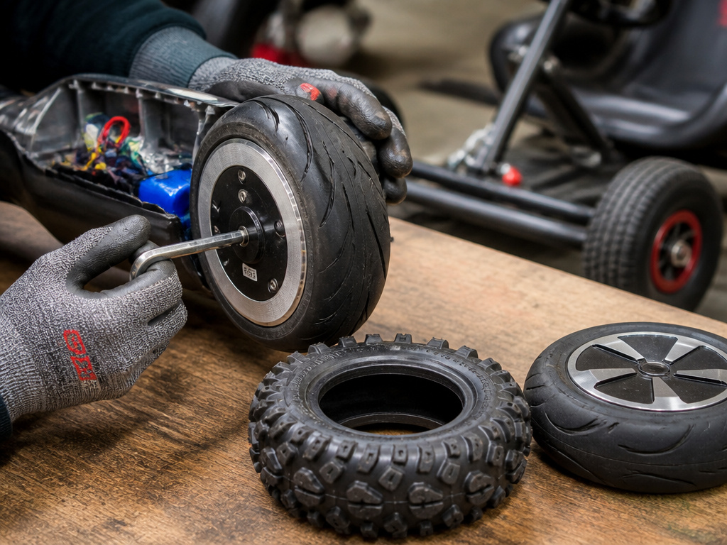 Close-up of hands swapping a hoverboard wheel for an all-terrain tire during customization.