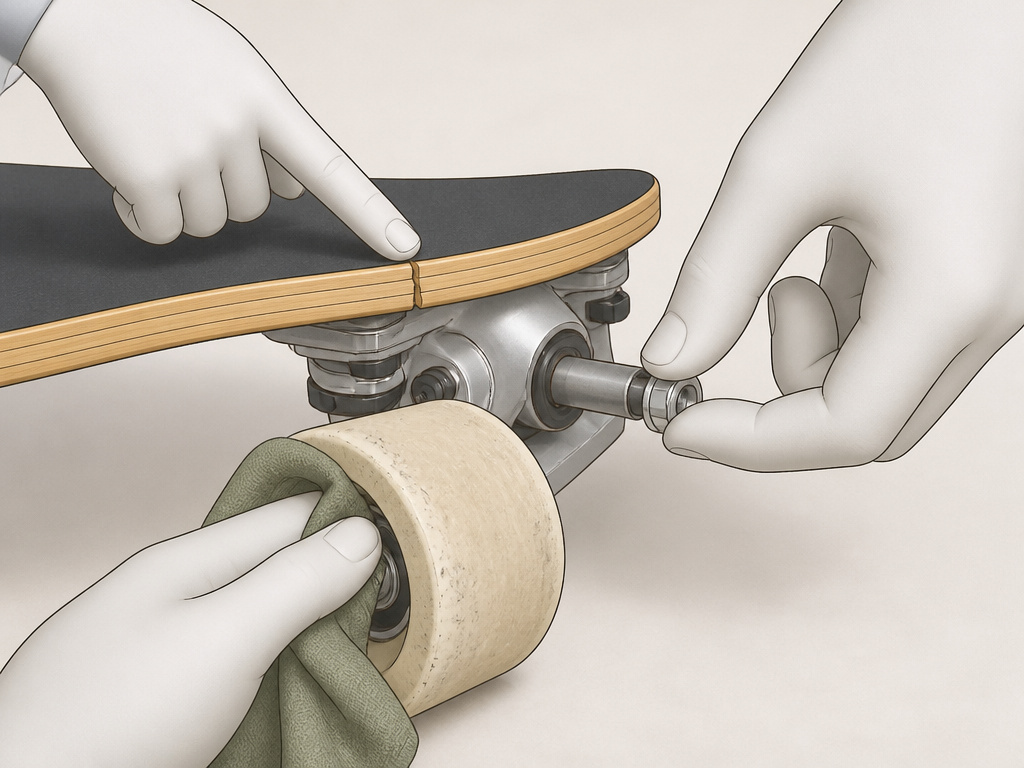 Hands inspecting a longboard deck crack, checking truck nuts, and wiping wheels.