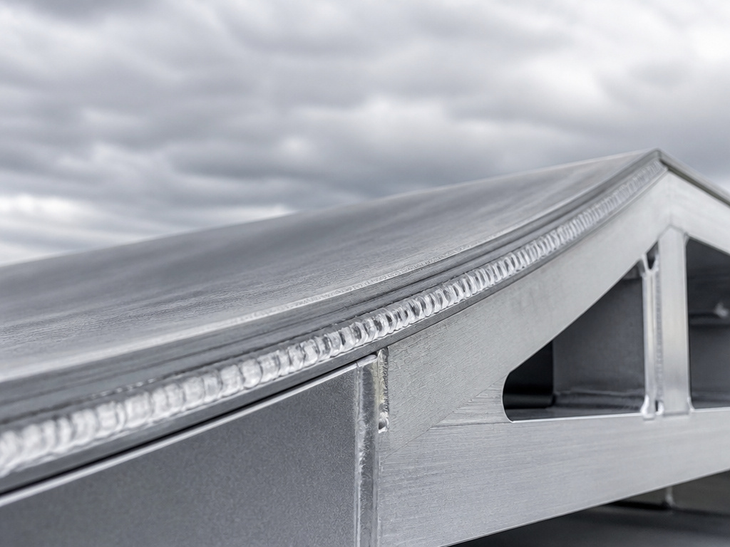 Close-up of welded aluminum construction on a maintenance-free skateboard ramp.