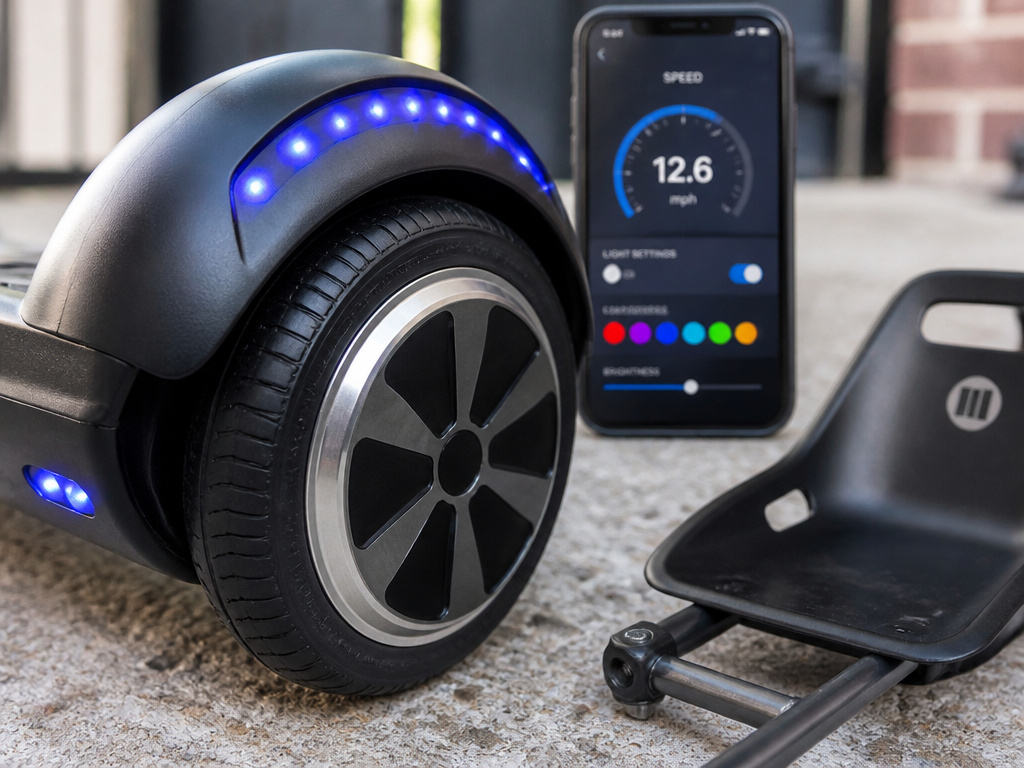 Evercross hoverboard with smartphone app interface and seat accessory close-up