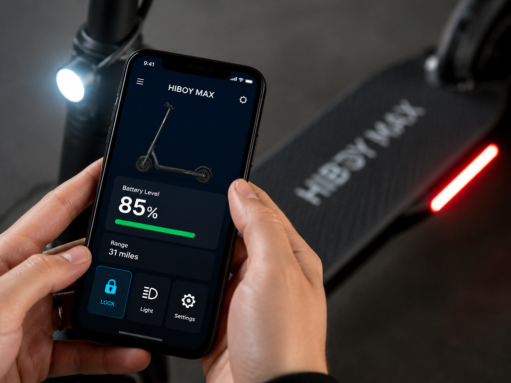 Hiboy Max scooter app connectivity showing lock function and LED lights