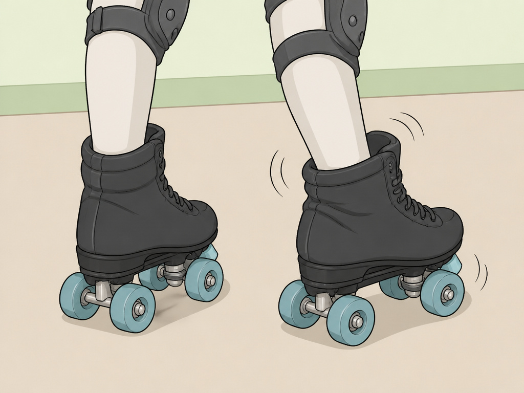 Beginner in protective gear on Chicago roller skates, demonstrating ankle wobble.