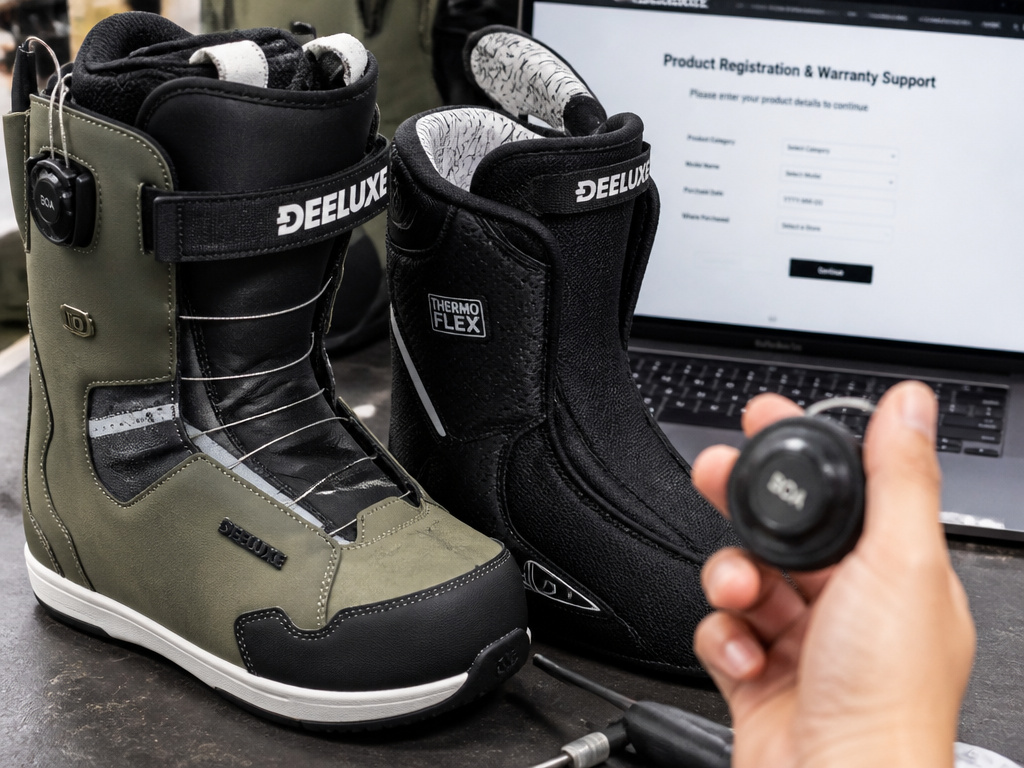 Close-up of Deeluxe snowboard boot liner and Boa dial on workbench