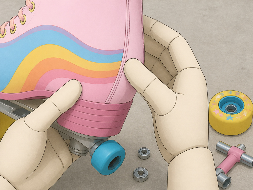 Beginner inspecting Impala skate heel seam for quality with a skate tool nearby.