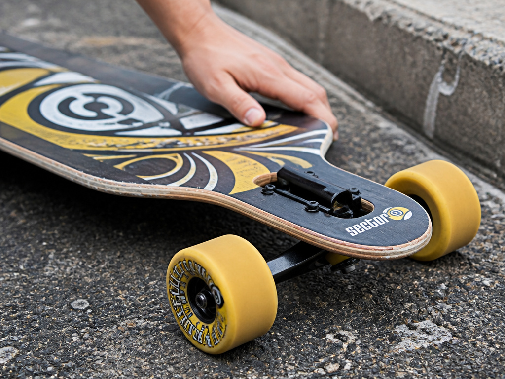 Close-up of a durable Sector 9 longboard on pavement for beginner riders.