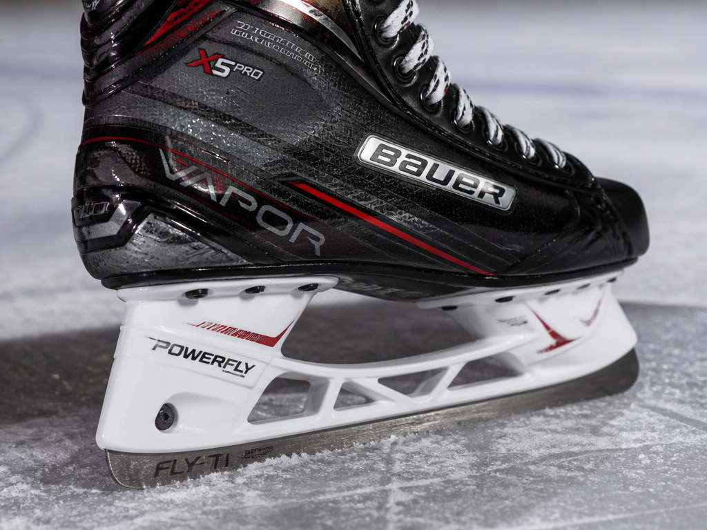 Close-up detail of Bauer Vapor X5 Pro skate boot and holder on ice.