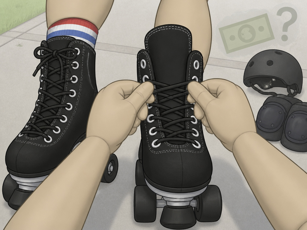 Child lacing Chicago skates, questioning if they are worth the money.