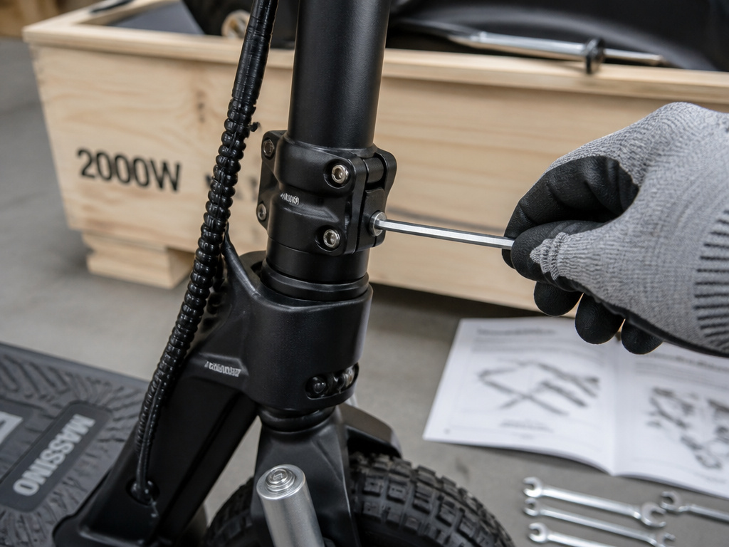 Assembling the handlebars on a Massimo electric fat tire scooter with tools.