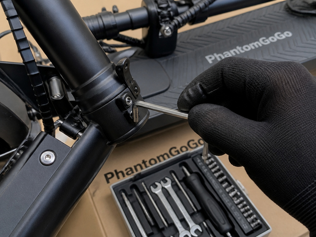Tightening the stem lock on a PhantomGoGo electric scooter during assembly.