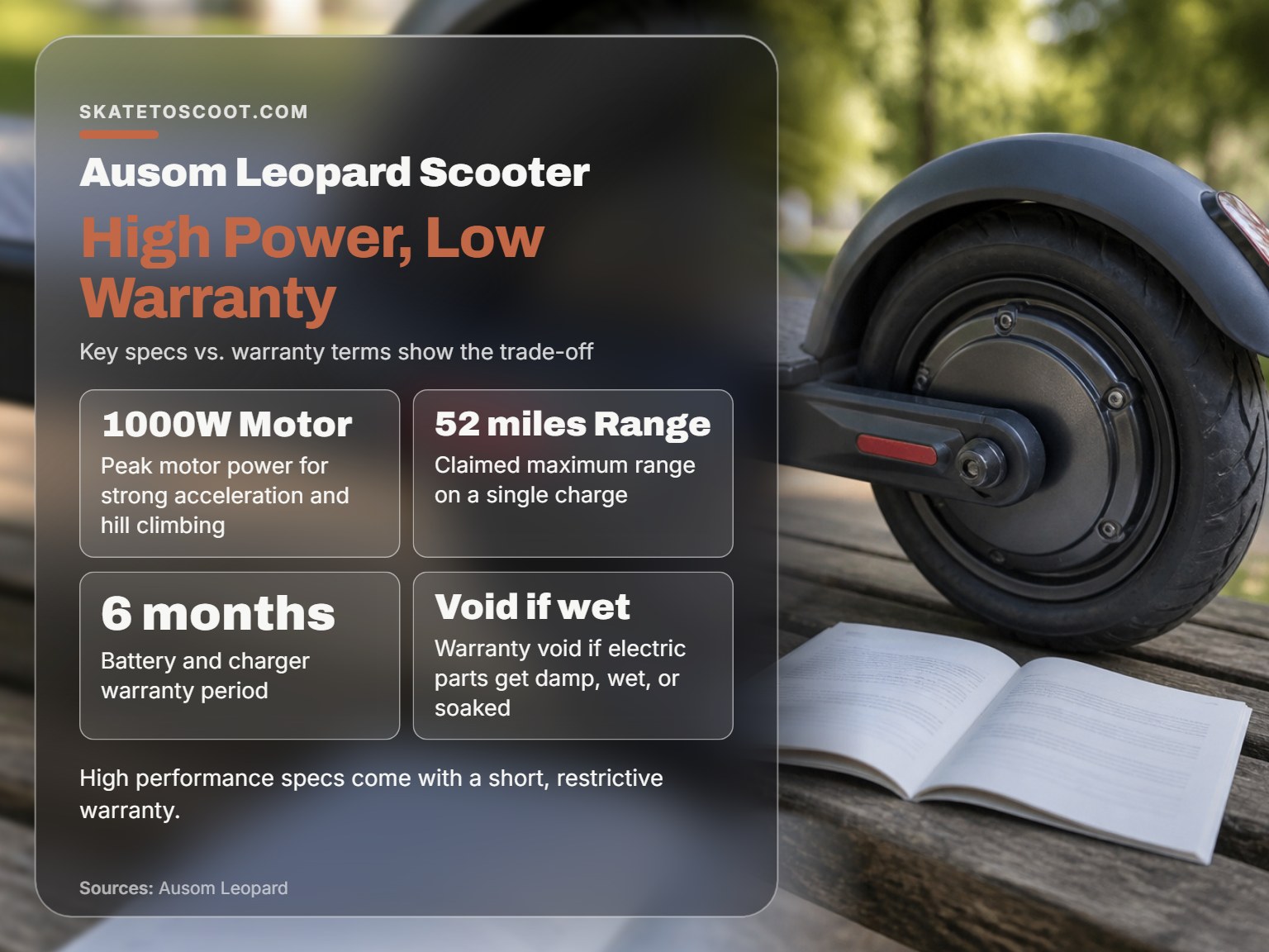 Infographic comparing Ausom Leopard scooter power specs to its warranty terms