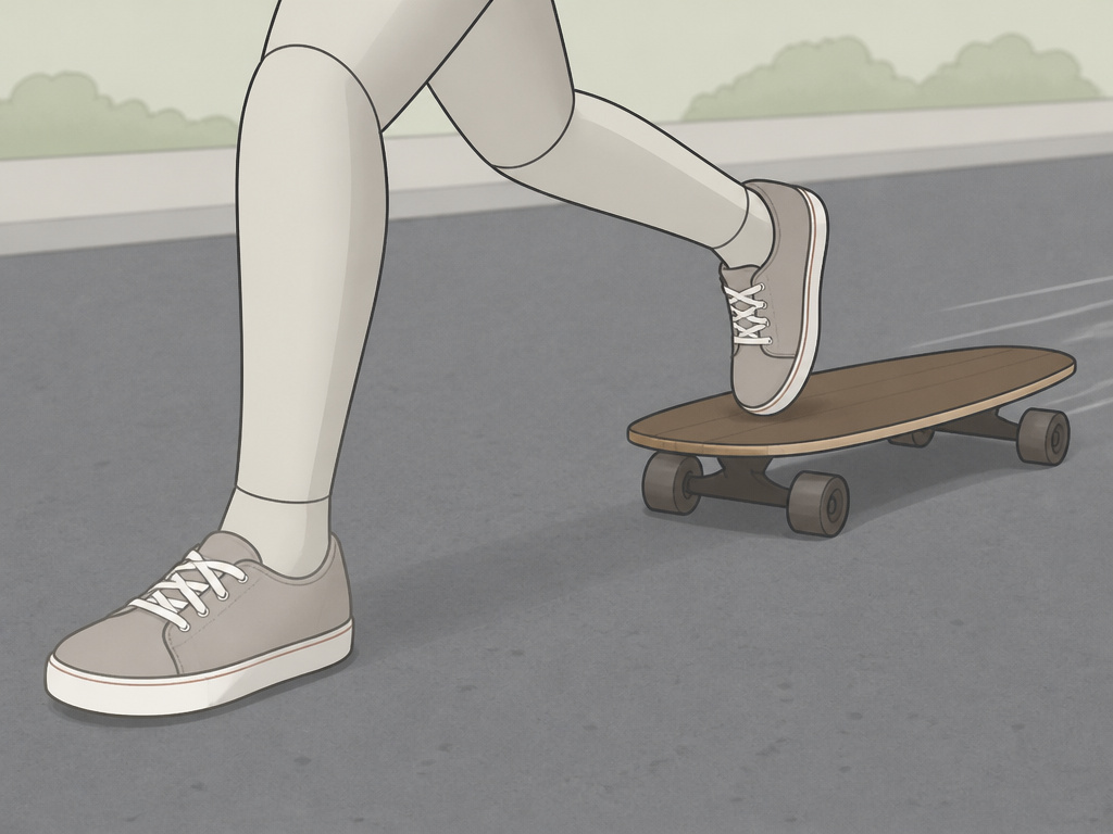 Cartoon diagram showing how to step off a longboard and start running.