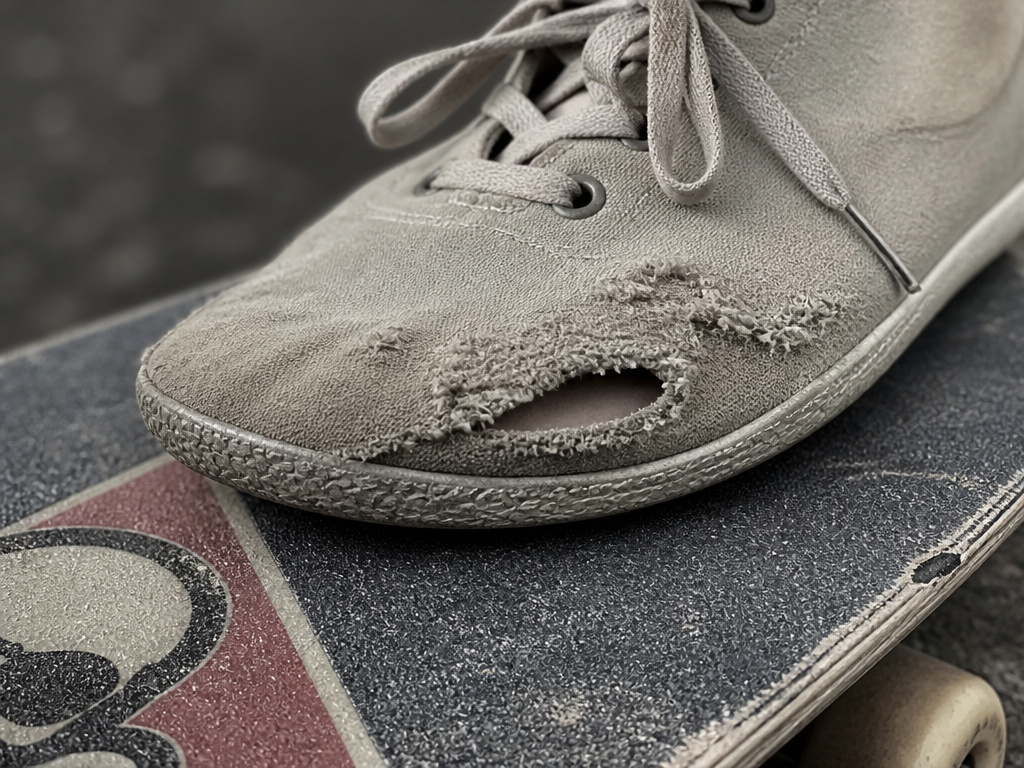 Worn-out barefoot shoe on skateboard grip tape showing durability issue.