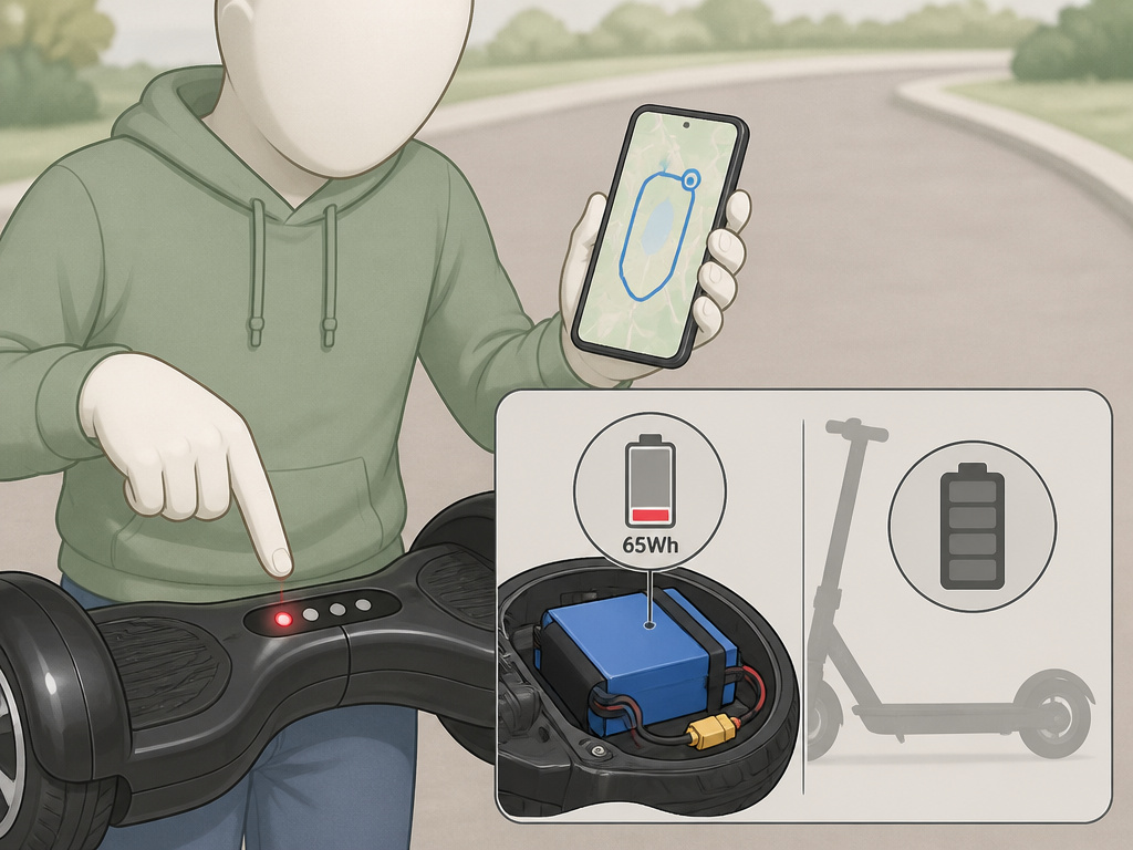 Hoverboard rider outdoors checking low battery indicator on device