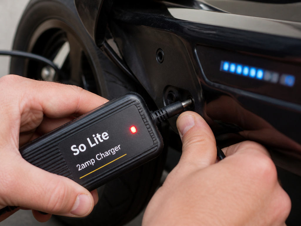 Charging a So Lite electric scooter with its 2-amp charger, red indicator light.