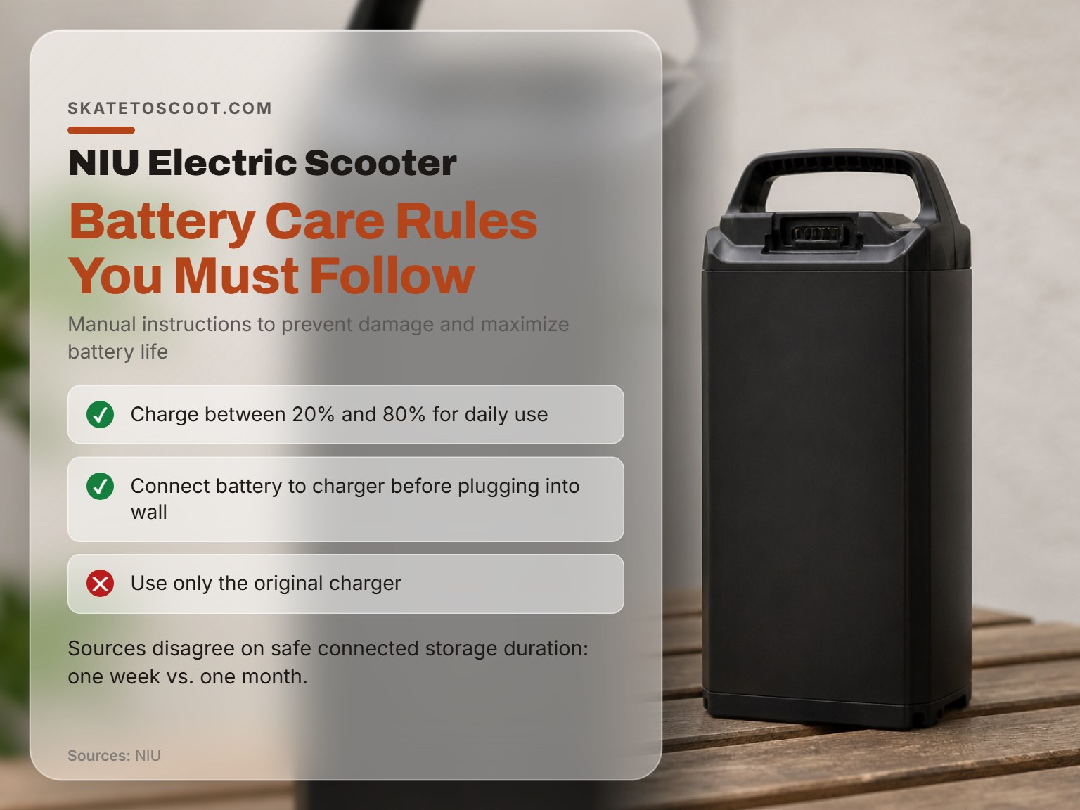 NIU scooter battery with charger, illustrating proper care and disconnection.