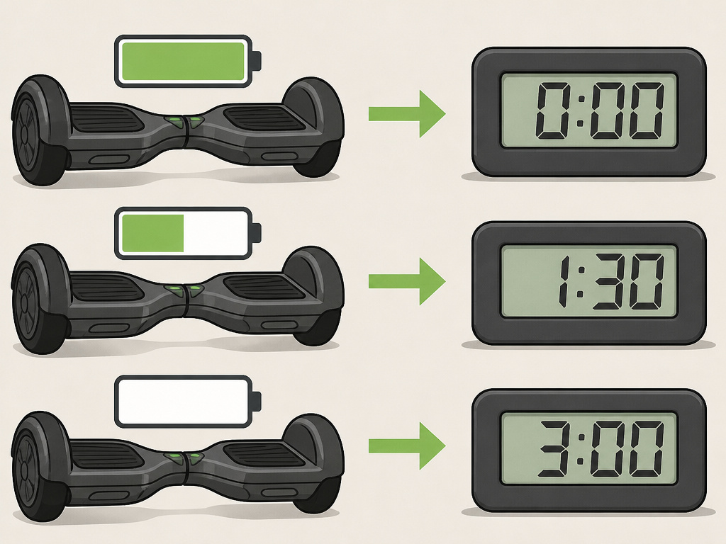 Diagram comparing hoverboard charging times from empty and half-full battery levels.