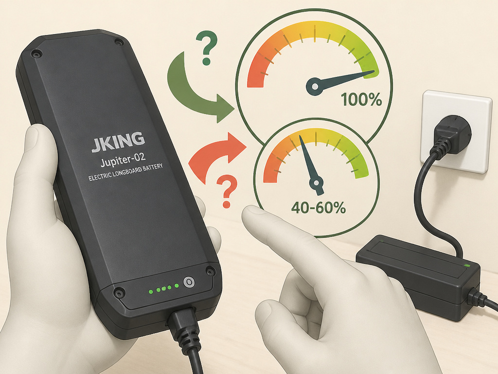 JKING electric longboard battery care diagram showing conflicting storage charge levels