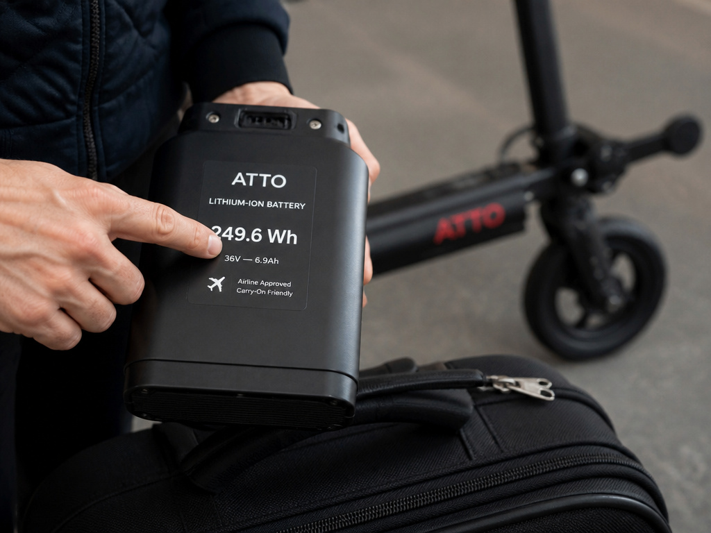 ATTO scooter's removable battery with watt-hour rating for airline travel rules