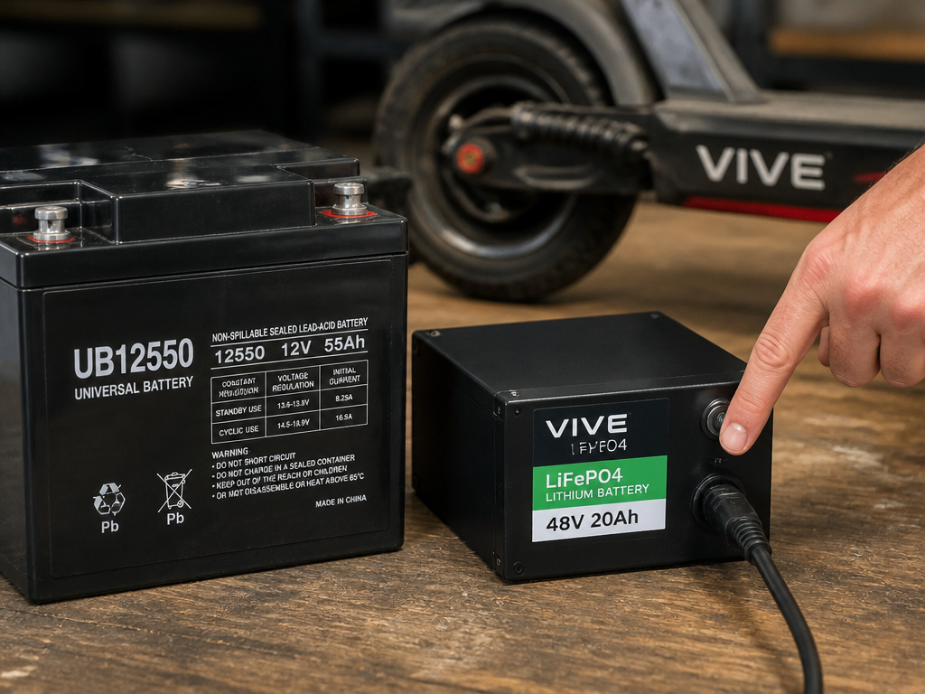 Vive scooter lead-acid versus lithium battery comparison for charging and performance.