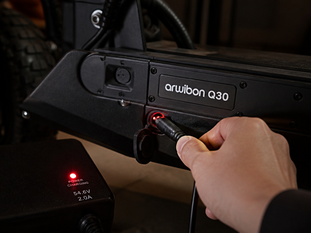 Arwibon Q30 scooter charging with safety warning about lithium-ion batteries