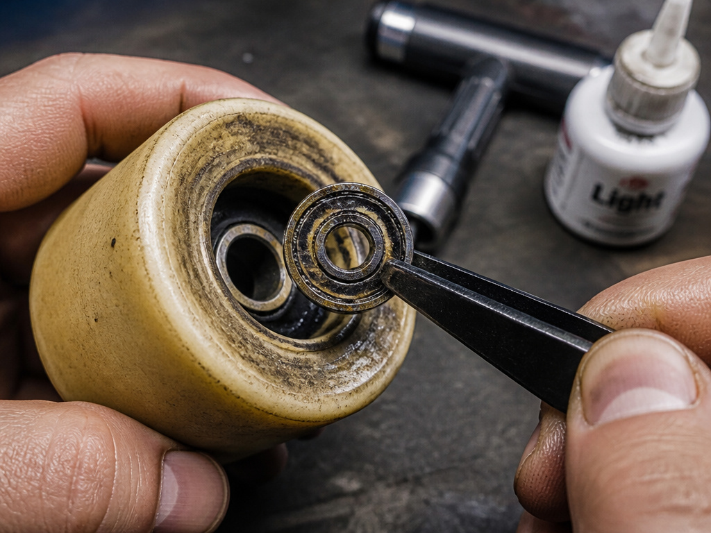 Removing a dirty skateboard bearing from a longboard wheel for maintenance.