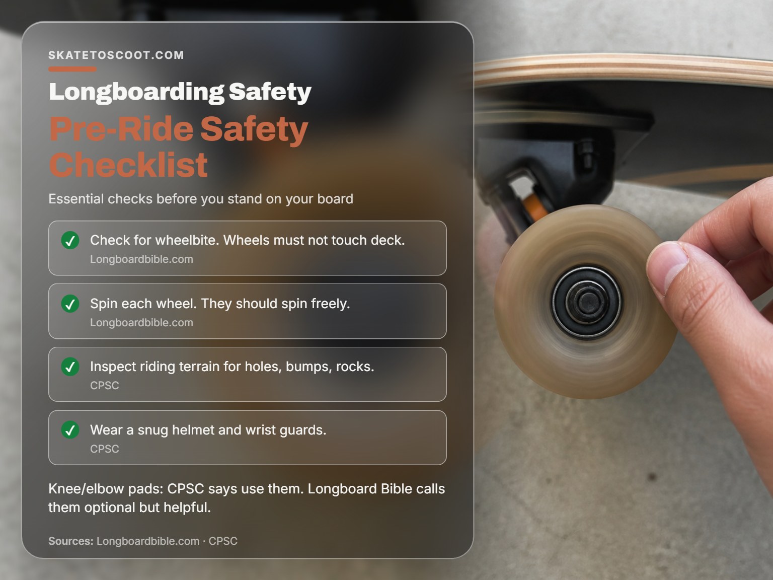 A hand spins a longboard wheel during a pre-ride safety check.