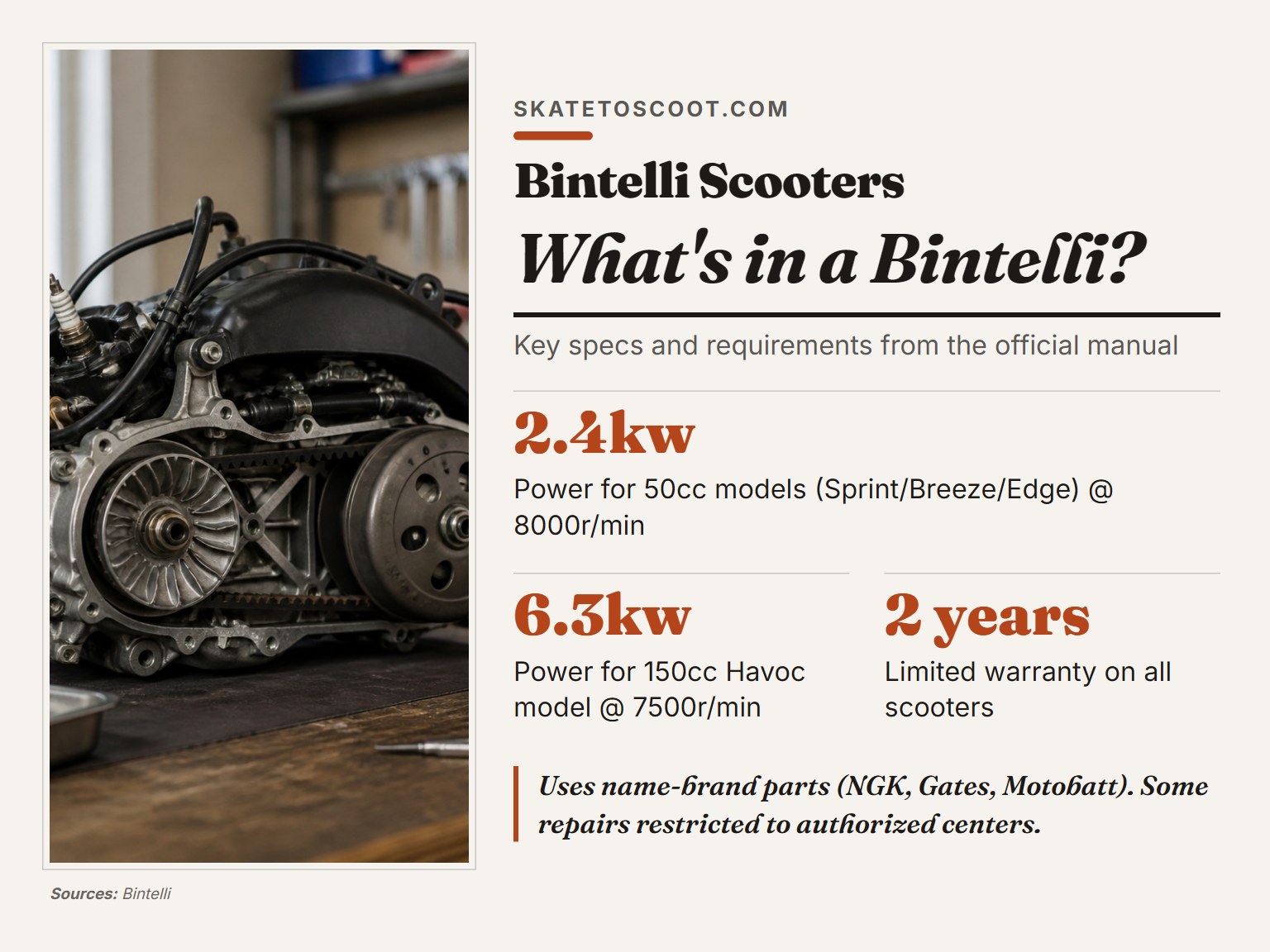 Close-up of a Bintelli scooter engine showing branded components