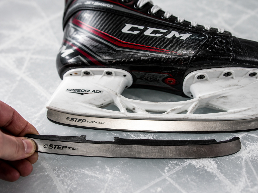 Close-up comparison of CCM Speedblade holder and Step Steel runner on ice