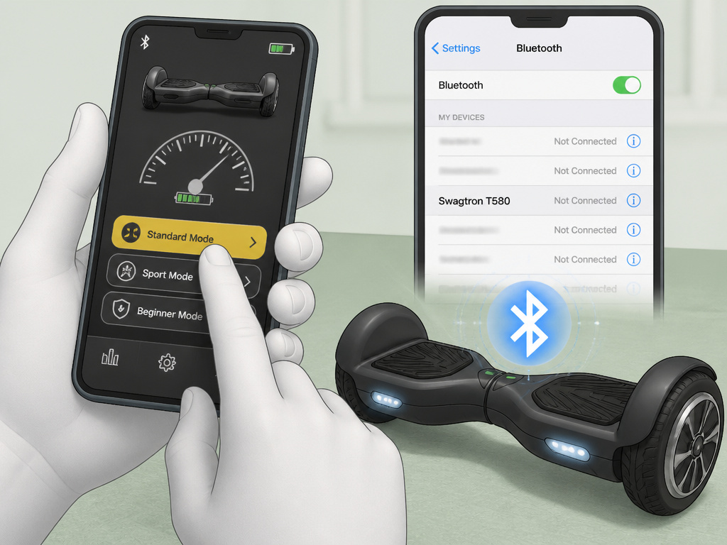 Swagtron T580 hoverboard Bluetooth app connection and mode selection troubleshooting guide.