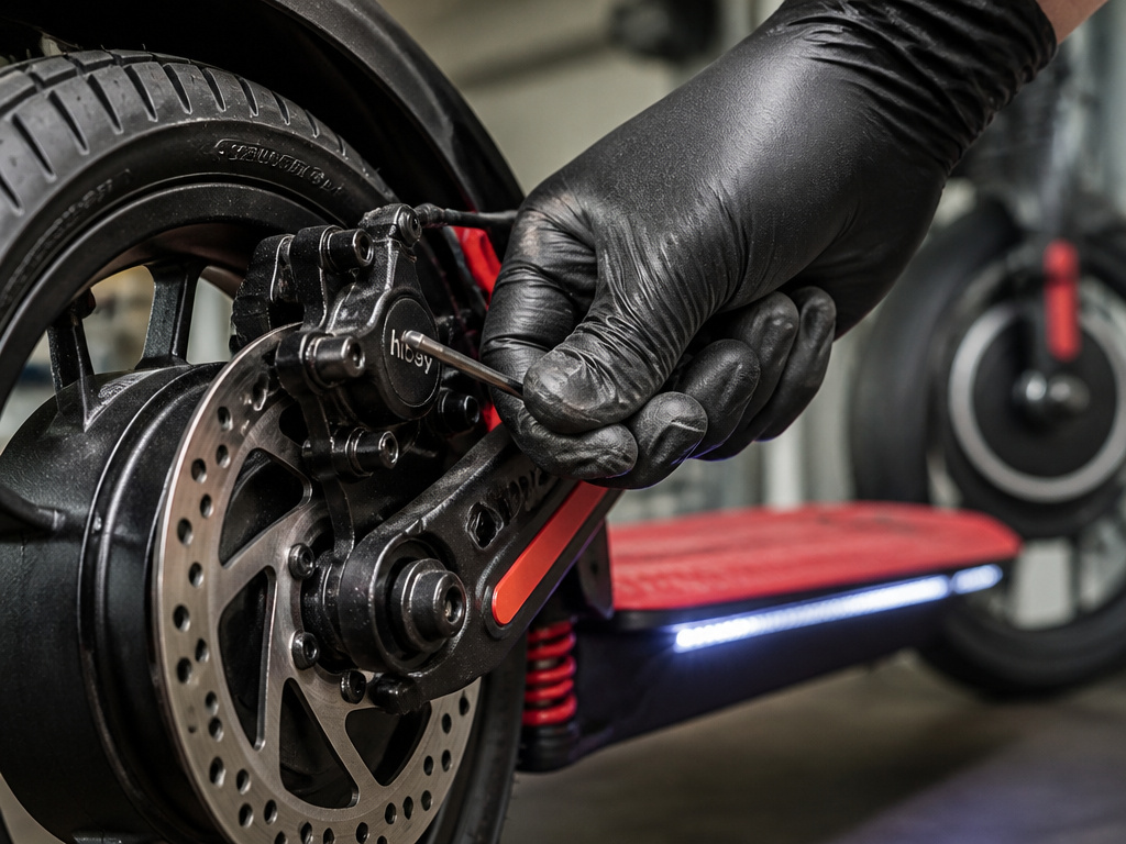 Hiboy S2 scooter rear disc brake maintenance close-up during review