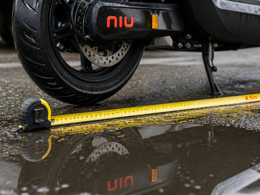 NIU scooter brake and water resistance demonstration with measuring tape.