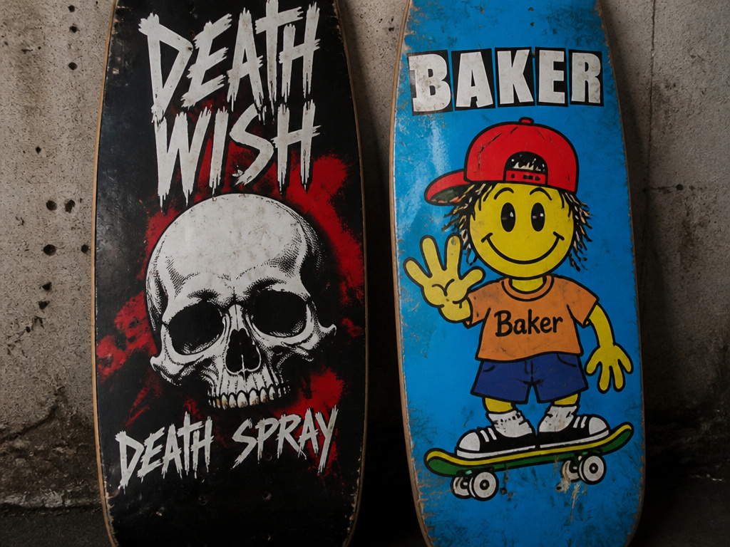 Deathwish vs Baker skateboard decks showing dark and cartoon graphic styles.