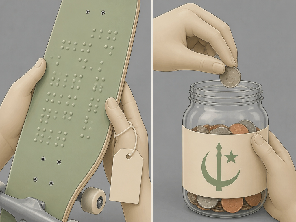 Ethical dilemma illustration: buying a Braille skateboard versus funding Scientology.