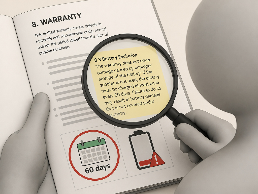 Aovo Pro scooter warranty clause highlighting strict battery storage conditions
