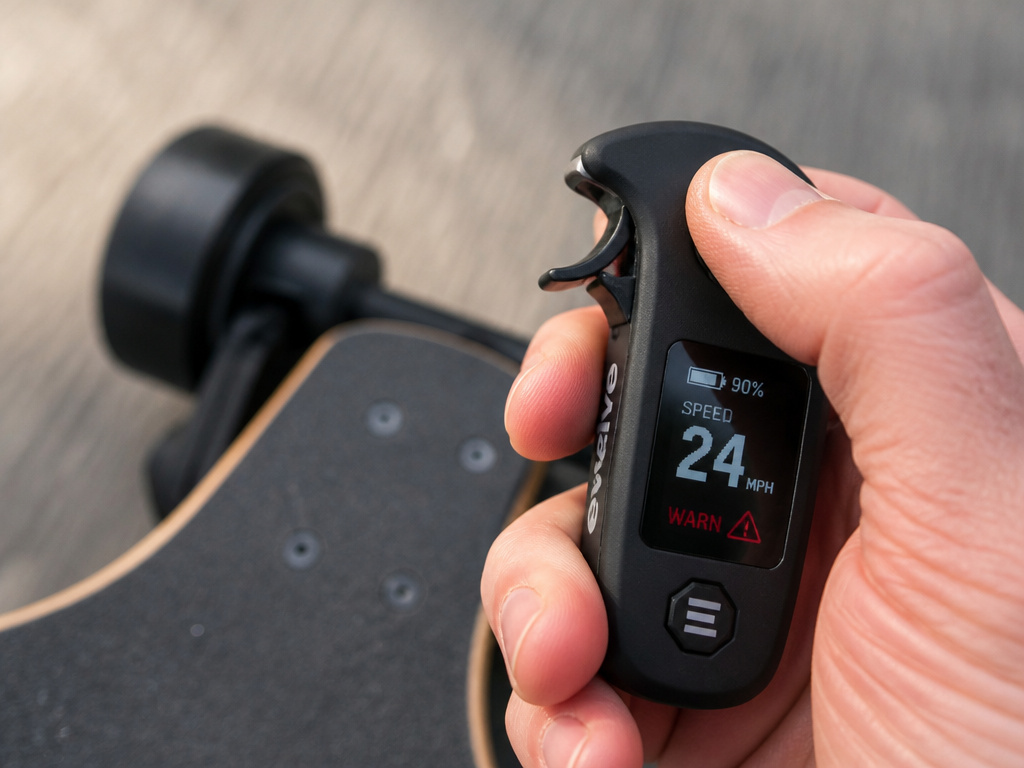 Electric longboard remote brake lever engaged at high-speed warning threshold
