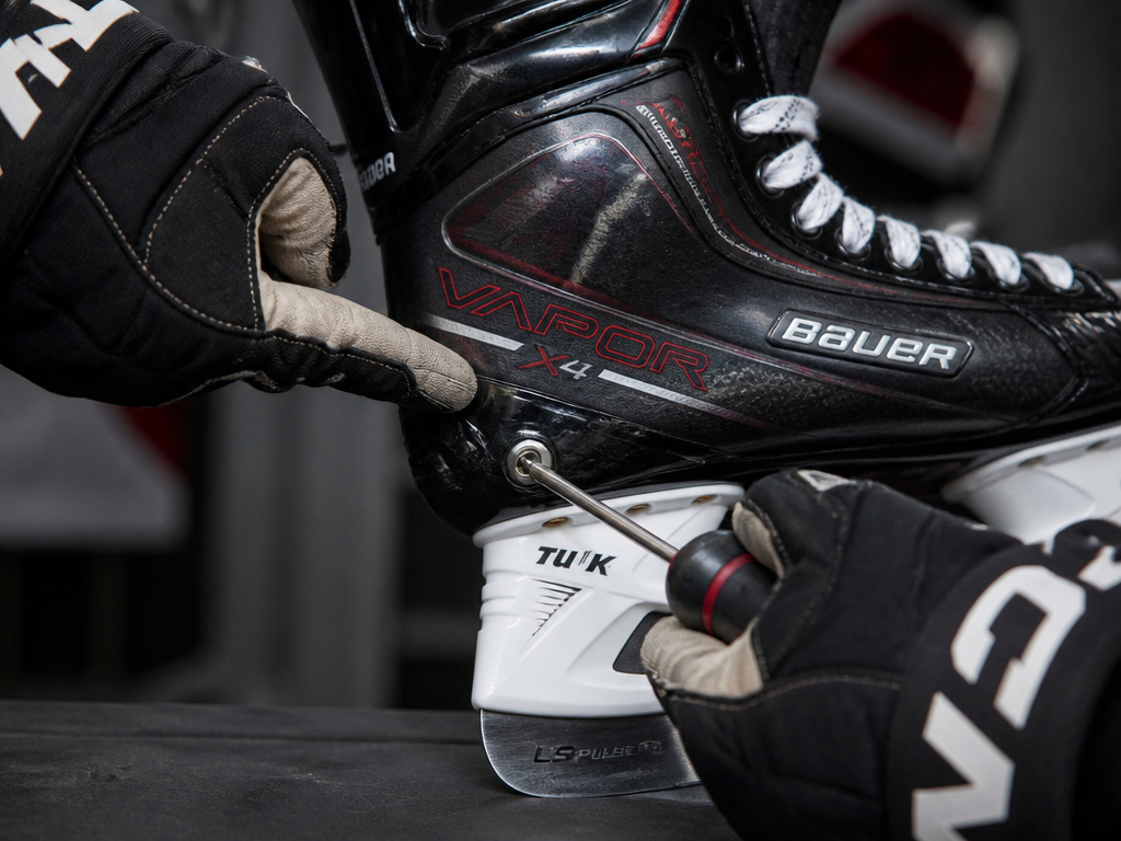 Close-up maintenance check of Bauer Vapor X4 skate tendon guard and screws